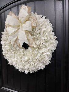 White Muslin Rag Wreath, Rustic Wedding Decoration, Farmhouse Front Door Decor, KatsCreationsNMore