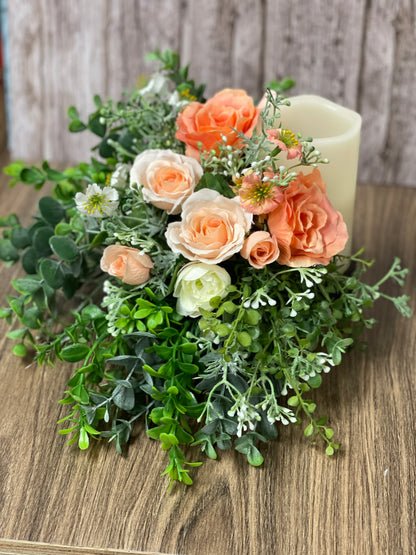 Spring Peach Rose and Ivory Ranuculus Bottle Bouquet, Floral Candle Holder, Table Centerpiece, Hostess Gift, Baby or Bridal Shower Arrangement, KatsCreationsNMore