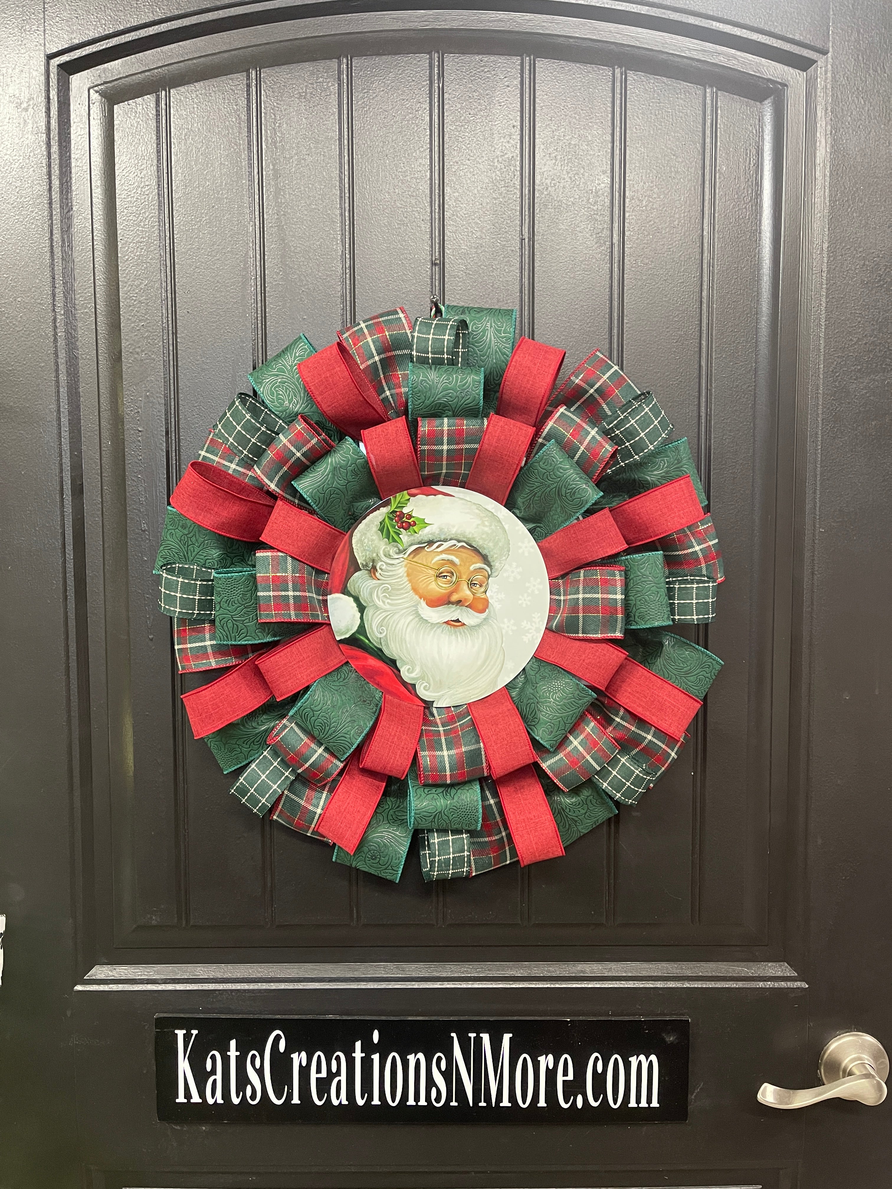 Classic Santa Christmas Ribbon Wreath, Holiday Front Storm Door Decor, KatsCreationsNMore