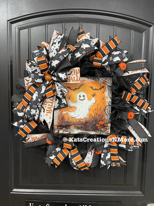 Halloween Ghost Deco Mesh Wreath | Cute Ghost Front Door Wreath | Handmade Halloween Decor | Black Orange Mesh Wreath | Halloween Porch Decor