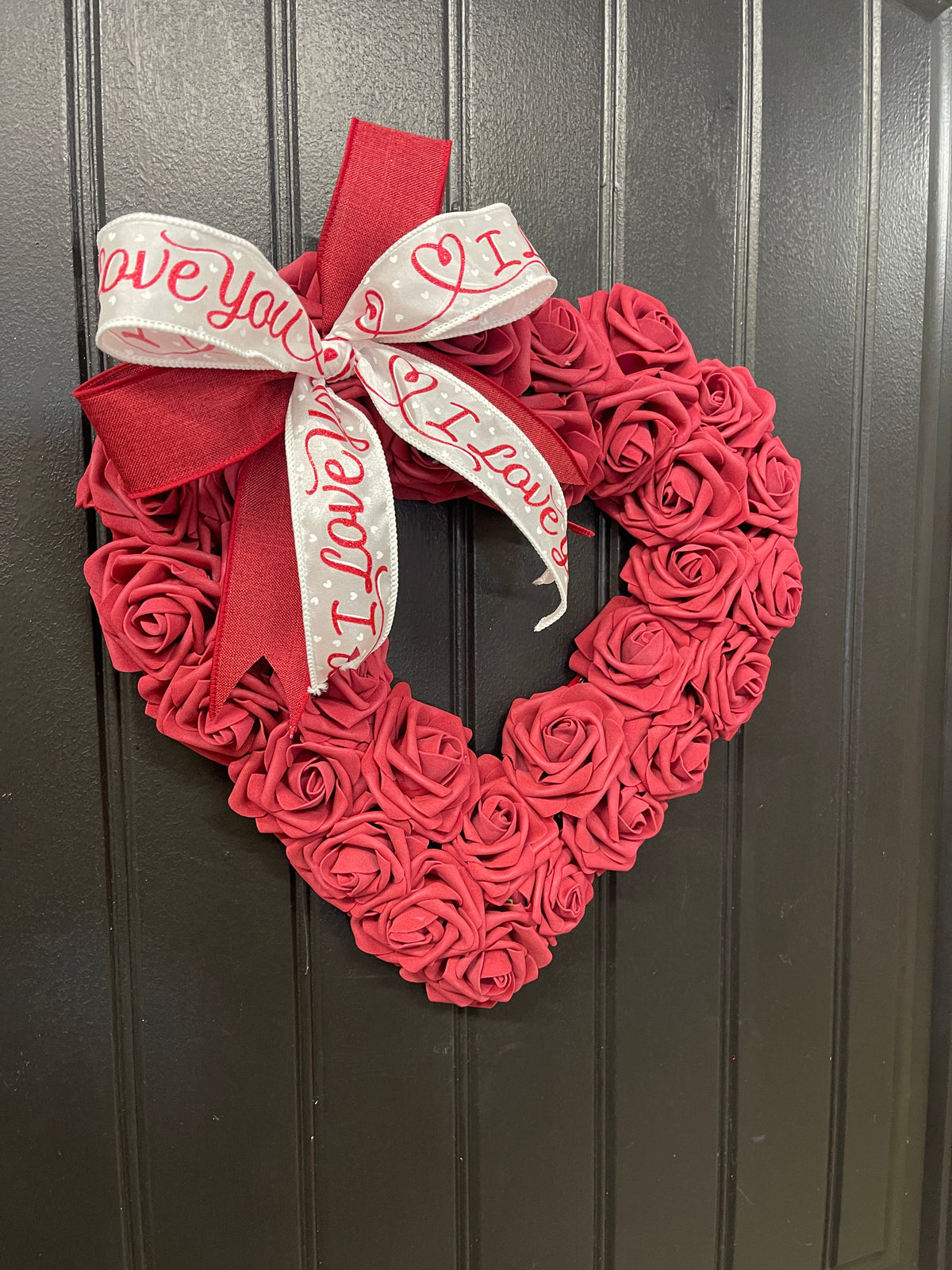 Valentine’s Day Burgundy Rose Heart Shaped Wreath, I Love You Front Door Decor, KatsCreationsNMore