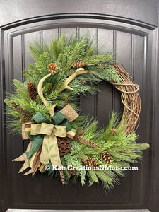 Deer Antler Pheasant Feather Pine Grapevine Wreath, Hunting Front Door Decor, KatsCreationsNMore