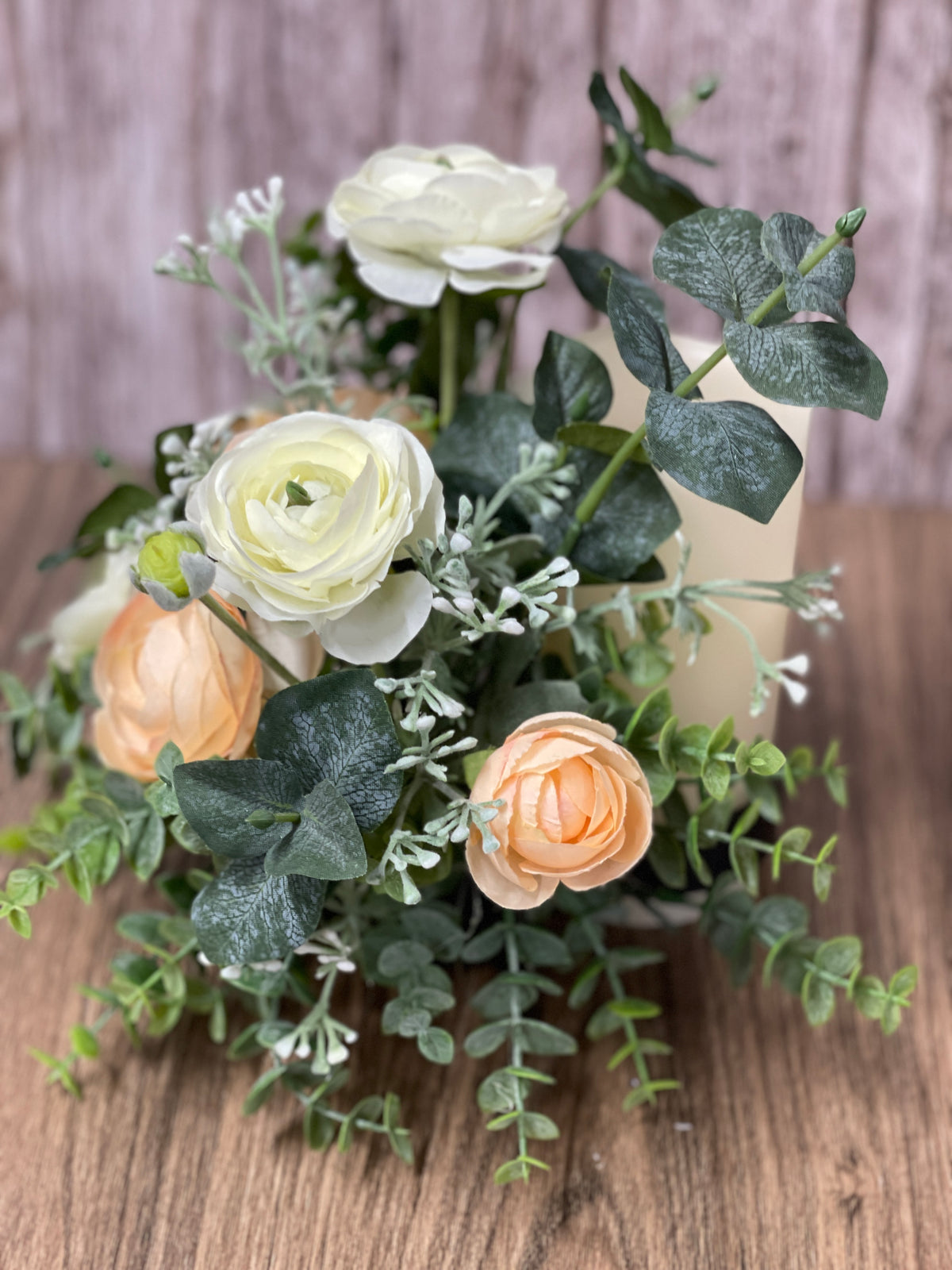 Spring Floral Centerpiece, Mothers Day Gift Bottle Bouquet, Peach and White Ranunculus Candle Holder, KatsCreationsNMore