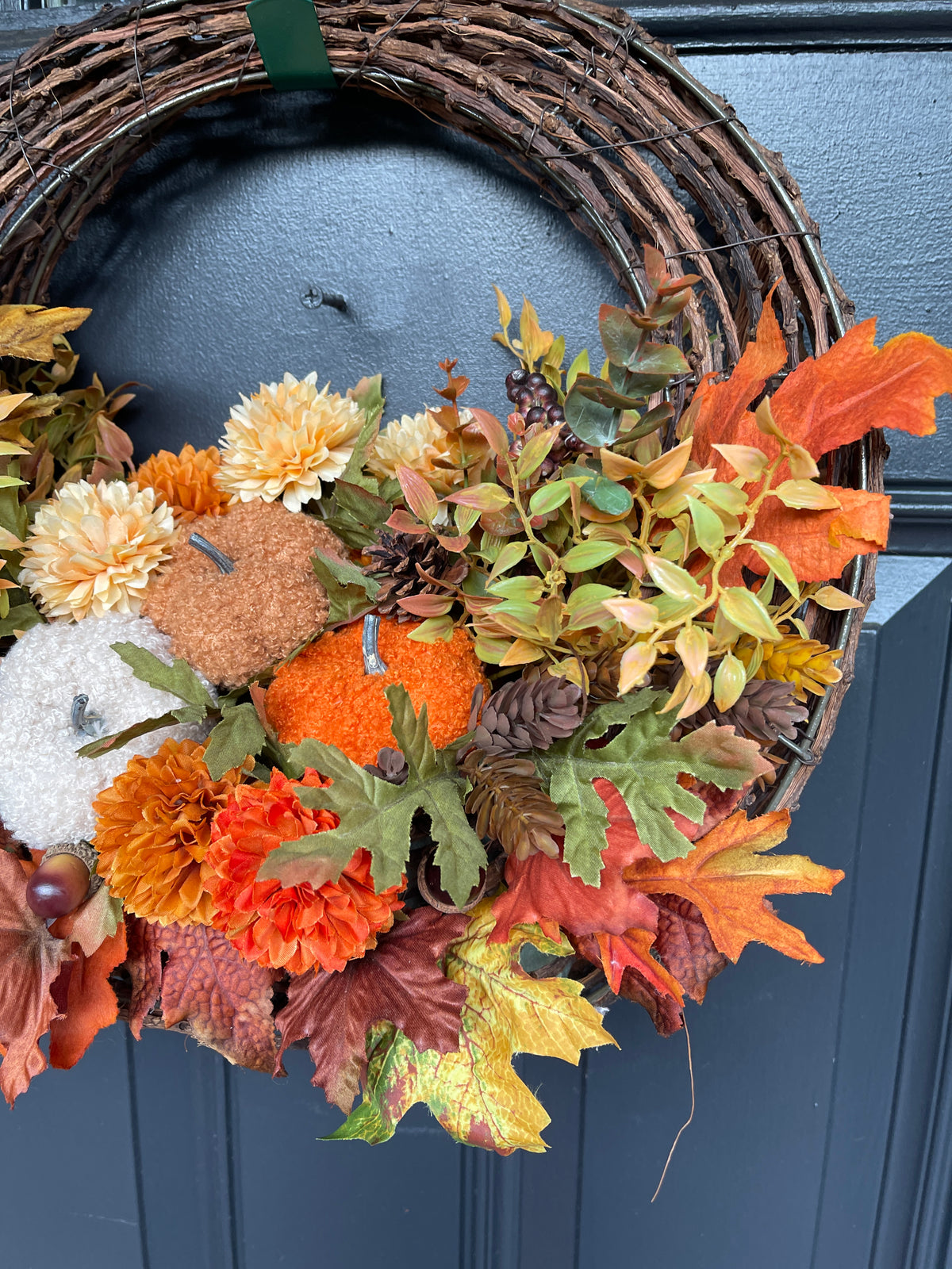 Fall Floral Basket, Pumpkin Grapevine Door Hanger, Autumn Floral Arrangement, Rustic Fall Front Door, Ready to Ship
