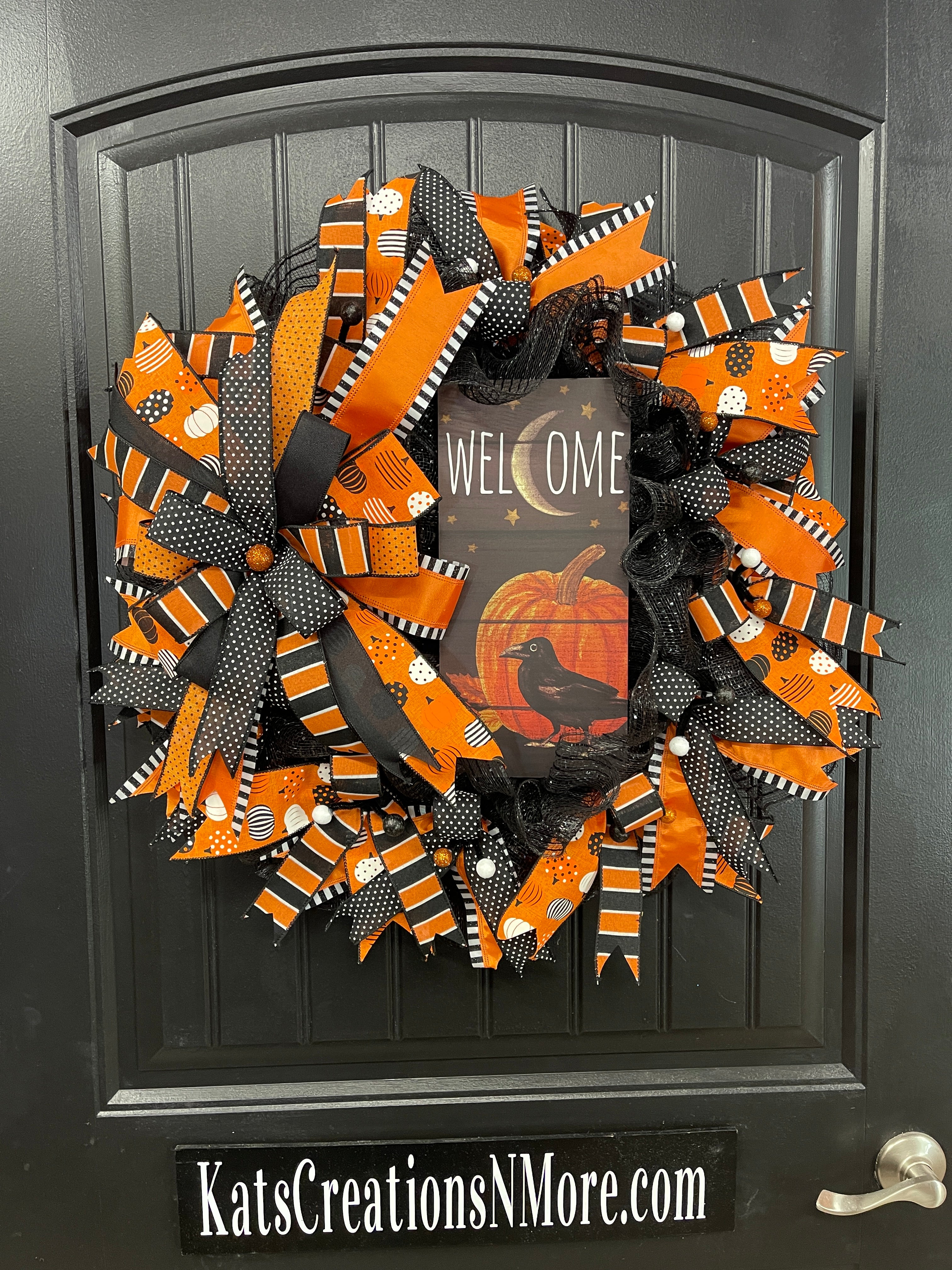 Halloween Welcome Wreath with Pumpkin & Raven Sign | Black & Orange Deco Mesh Front Door Wreath | Spooky Fall Porch Decor Handmade