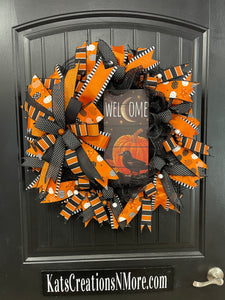 Halloween Welcome Wreath with Pumpkin & Raven Sign | Black & Orange Deco Mesh Front Door Wreath | Spooky Fall Porch Decor Handmade
