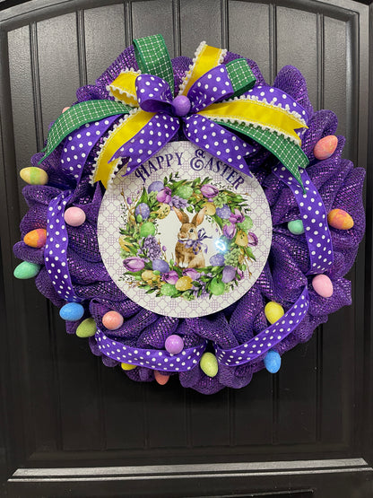 Happy Easter Bunny Egg Wreath, Spring Front Door Decor, KatsCreationsNMore