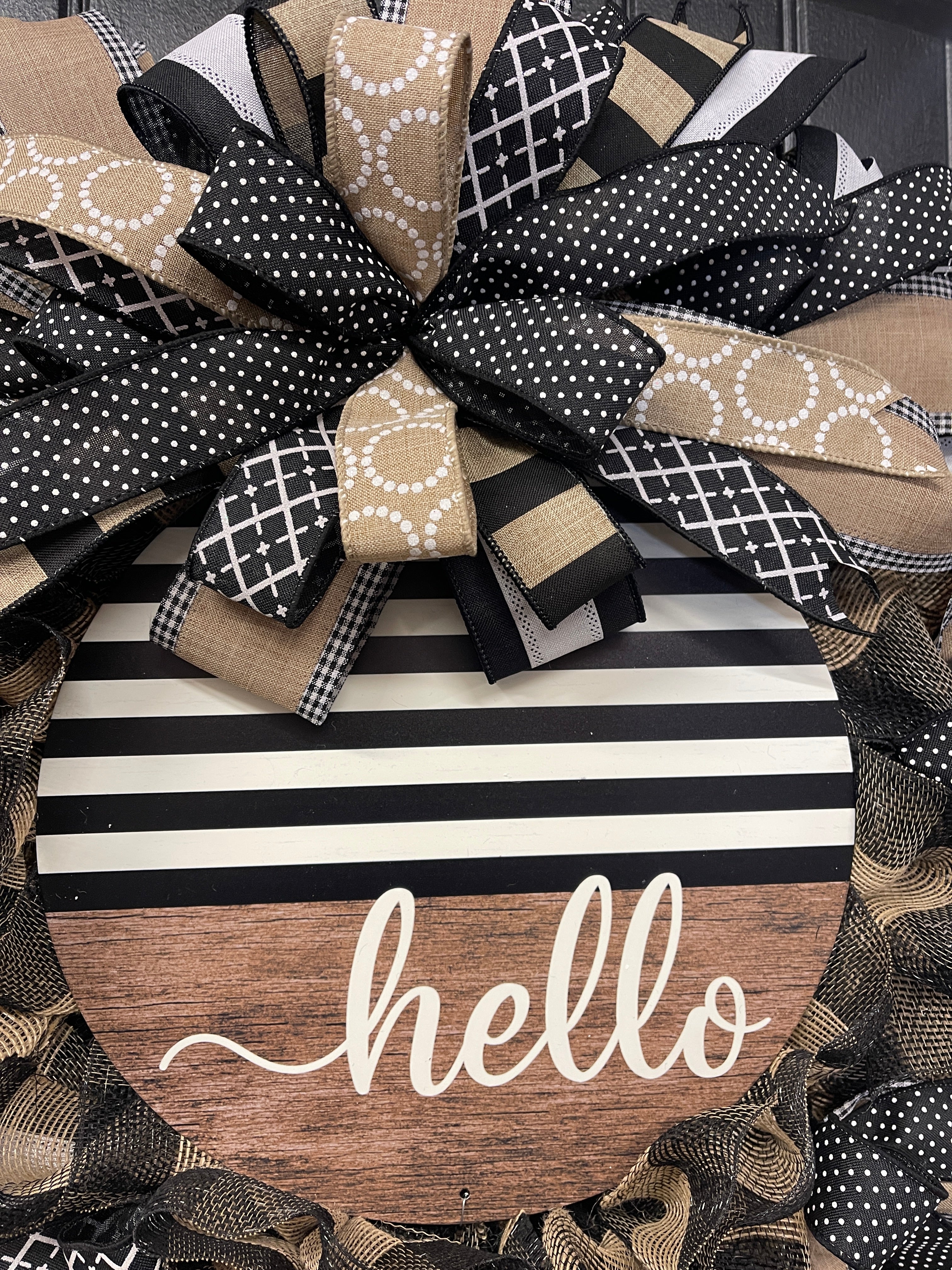 Everyday Hello Wreath, Black and Tan Farmhouse Front Door Decor, KatsCreationsNMore