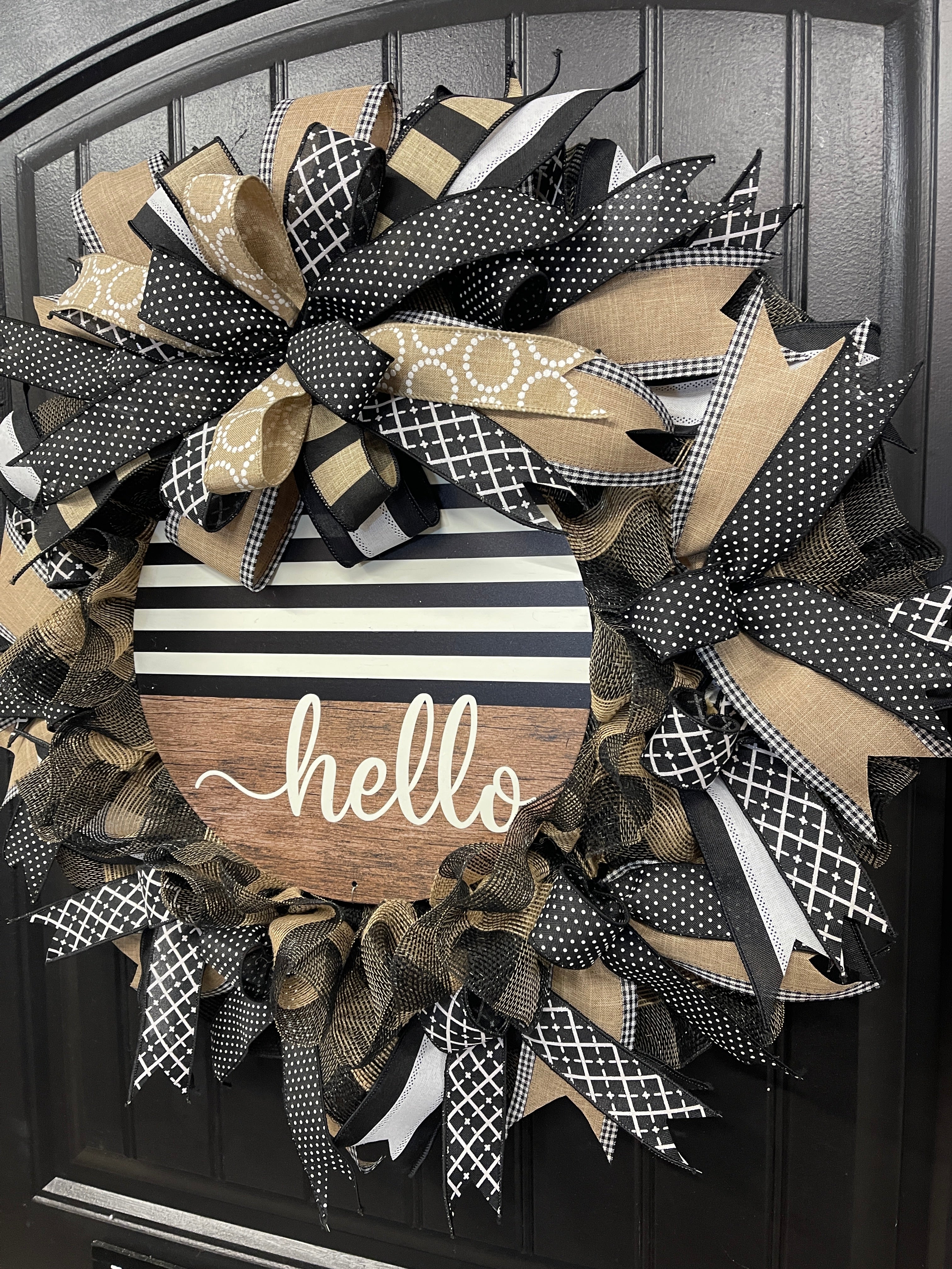 Everyday Hello Wreath, Black and Tan Farmhouse Front Door Decor, KatsCreationsNMore