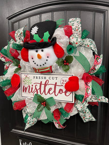 Snowman Mistletoe Christmas Wreath, Winter Seasonal Holiday Front Door Decor, KatsCreationsNMore