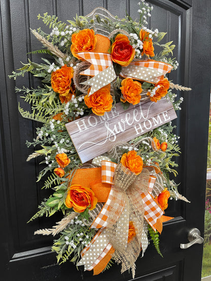 Home Sweet Home Vertical Swag with Orange Ranunculus and Rustic Gingham Bow – Farmhouse Door Hanger, KatsCreationsNMore