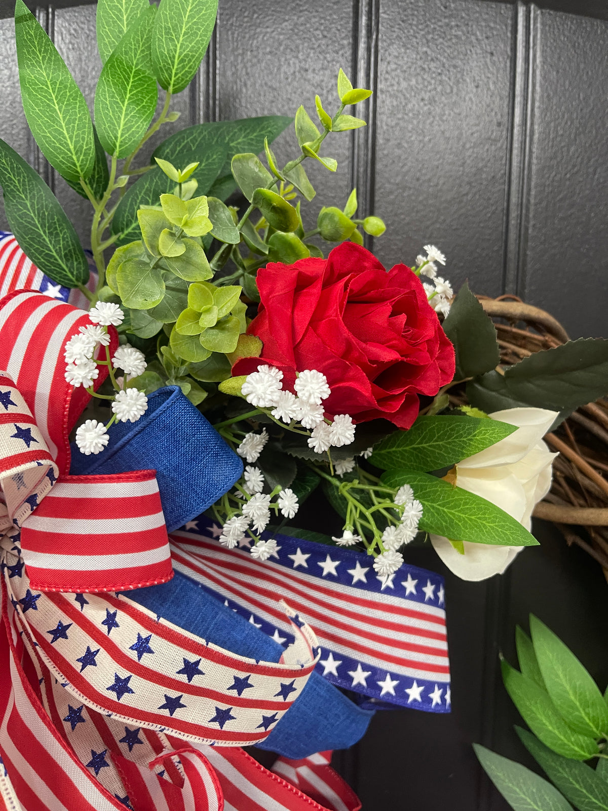 Patriotic Floral Rose Grapevine Double Bow Wreath, 4th of July Front Door Decoration, KatsCreationsNMore