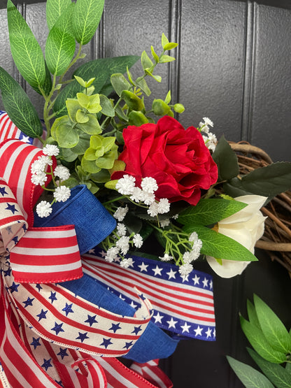 Patriotic Floral Rose Grapevine Double Bow Wreath, 4th of July Front Door Decoration, KatsCreationsNMore