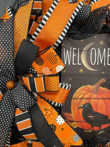 Halloween Welcome Wreath with Pumpkin & Raven Sign | Black & Orange Deco Mesh Front Door Wreath | Spooky Fall Porch Decor Handmade