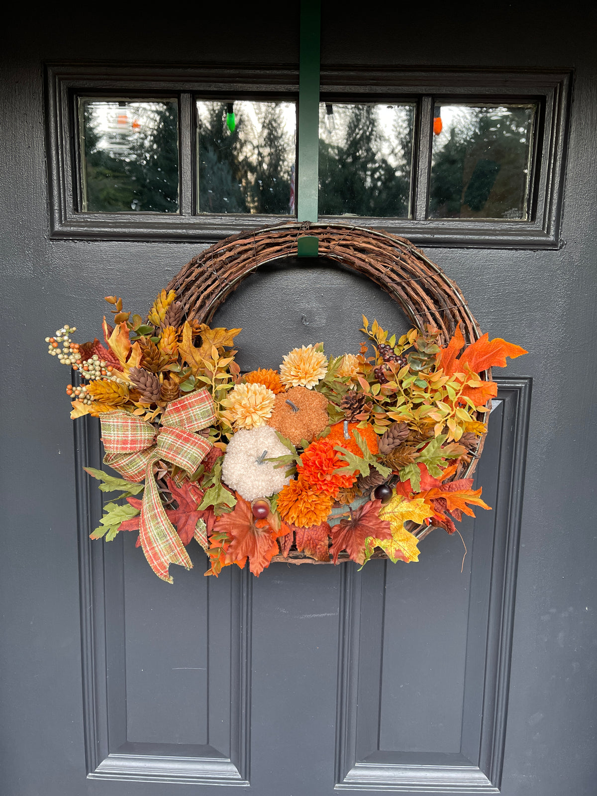 Fall Floral Basket, Pumpkin Grapevine Door Hanger, Autumn Floral Arrangement, Rustic Fall Front Door, Ready to Ship