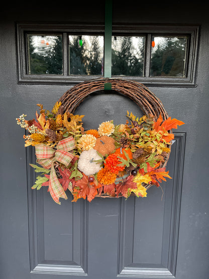 Fall Floral Basket, Pumpkin Grapevine Door Hanger, Autumn Floral Arrangement, Rustic Fall Front Door, Ready to Ship