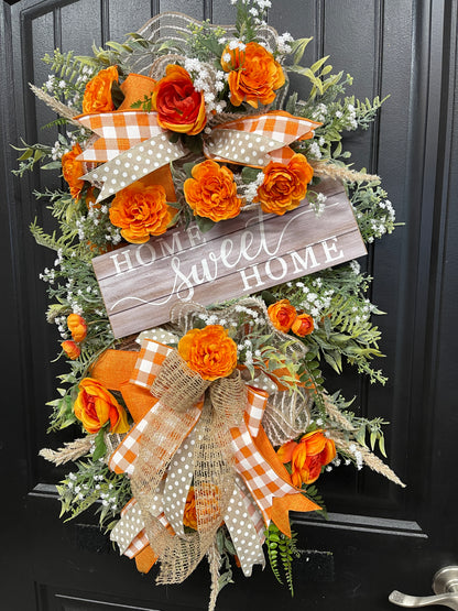 Home Sweet Home Vertical Swag with Orange Ranunculus and Rustic Gingham Bow – Farmhouse Door Hanger, KatsCreationsNMore
