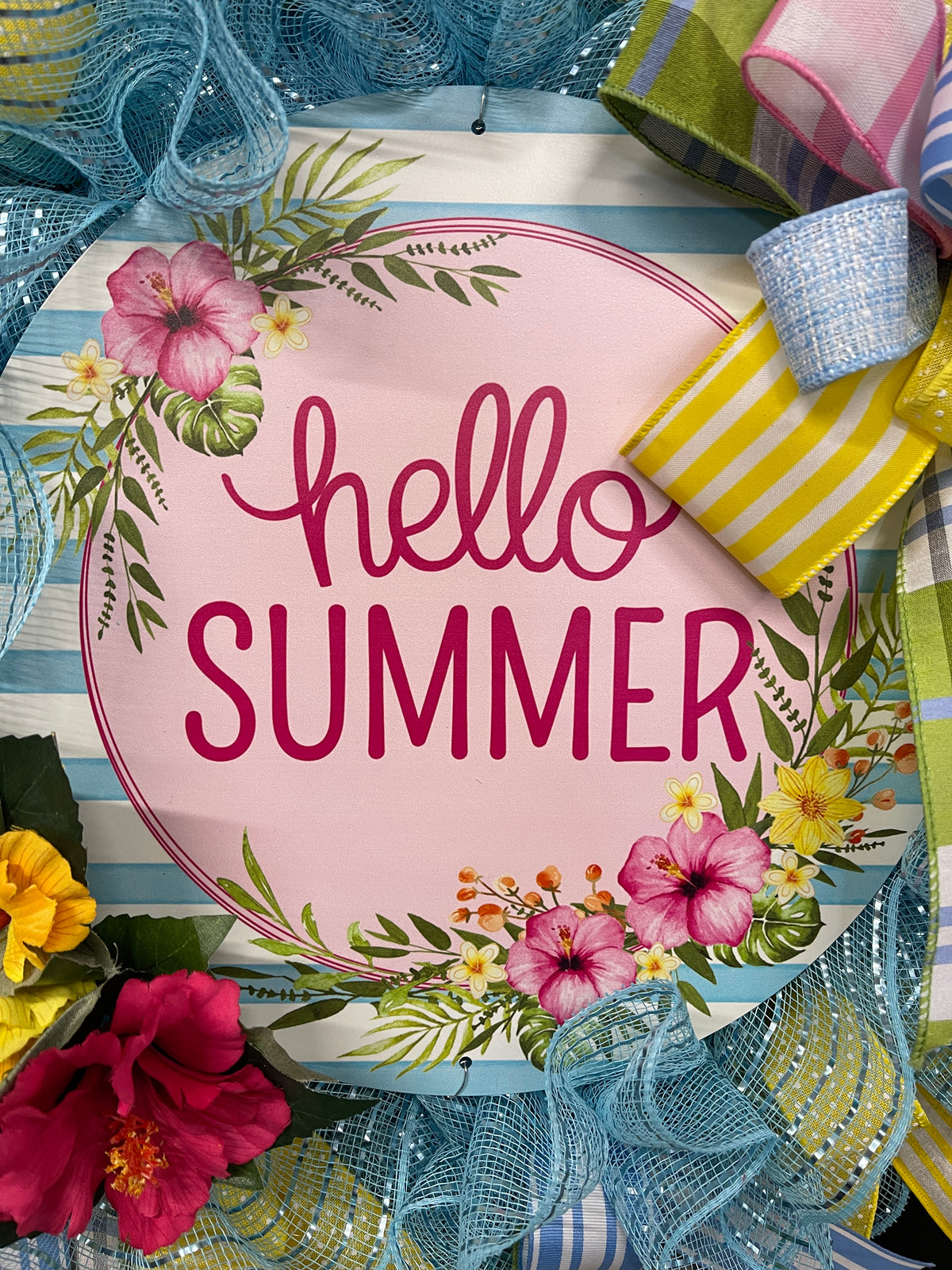 Hello Summer Wreath, Hibiscus Floral Front Door Decor, Beach House Decoration, KatsCreationsNMore
