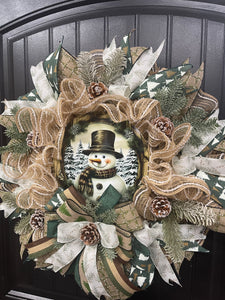 Rustic Country Snowman Wreath, Woodland Winter Front Door Decor, KatsCreationsNMore