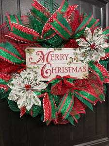 Merry Christmas Classic Deco Mesh Wreath — 25” Storm Door Friendly Holiday Door Décor | KatsCreationsNMore