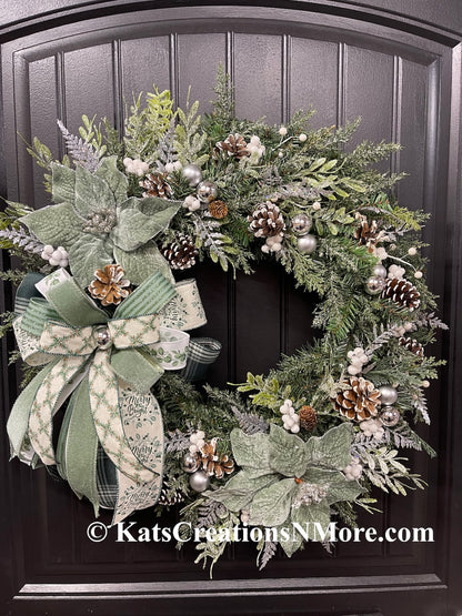 Merry & Bright Sage Green Christmas Wreath | 26” Frosted Evergreen Holiday Decor