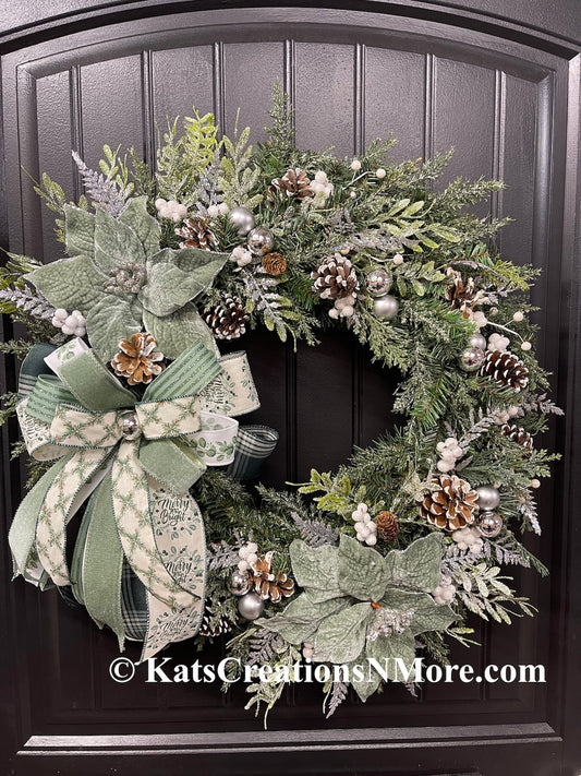 Merry & Bright Sage Green Christmas Wreath | 26” Frosted Evergreen Holiday Decor