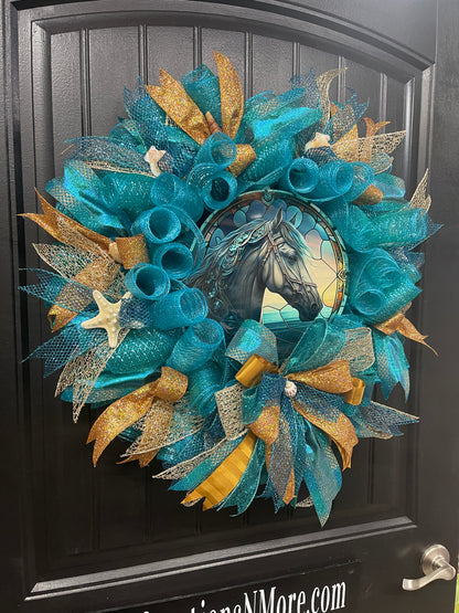 Ethereal Sea Horse Beach Wreath, Fantasy Ocean Lover Front Door Decor, KatsCreationsNMore
