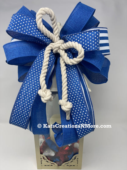 Nautical Blue And White Rope Bow Set, Coastal Lantern Bow, Patriotic Mailbox Bow, Beach House Decor, Front Door Bow Set