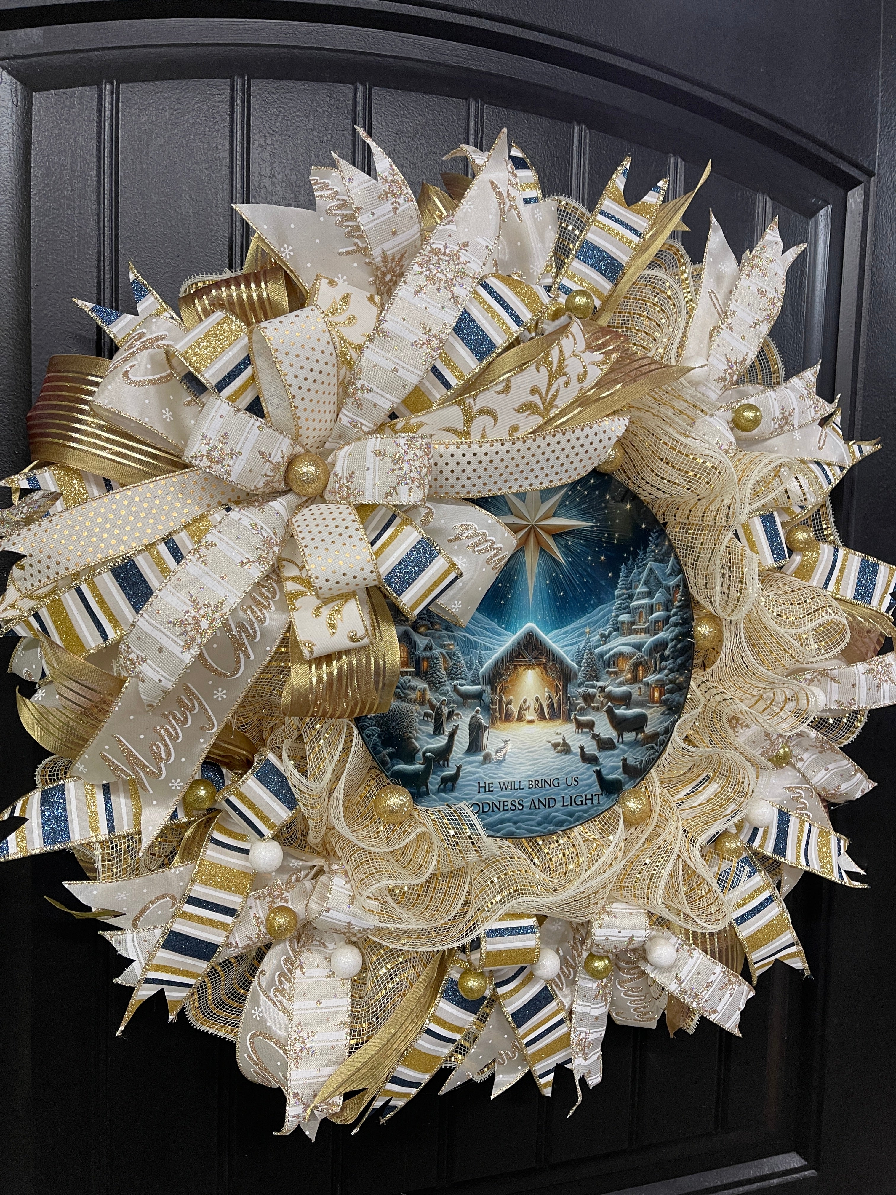 Goodness and Light Nativity Christmas Wreath | Elegant Gold & Cream Mesh Holiday Door Decor | Luke 2:14 Nativity Scene Wreath, KatsCreationsNMore