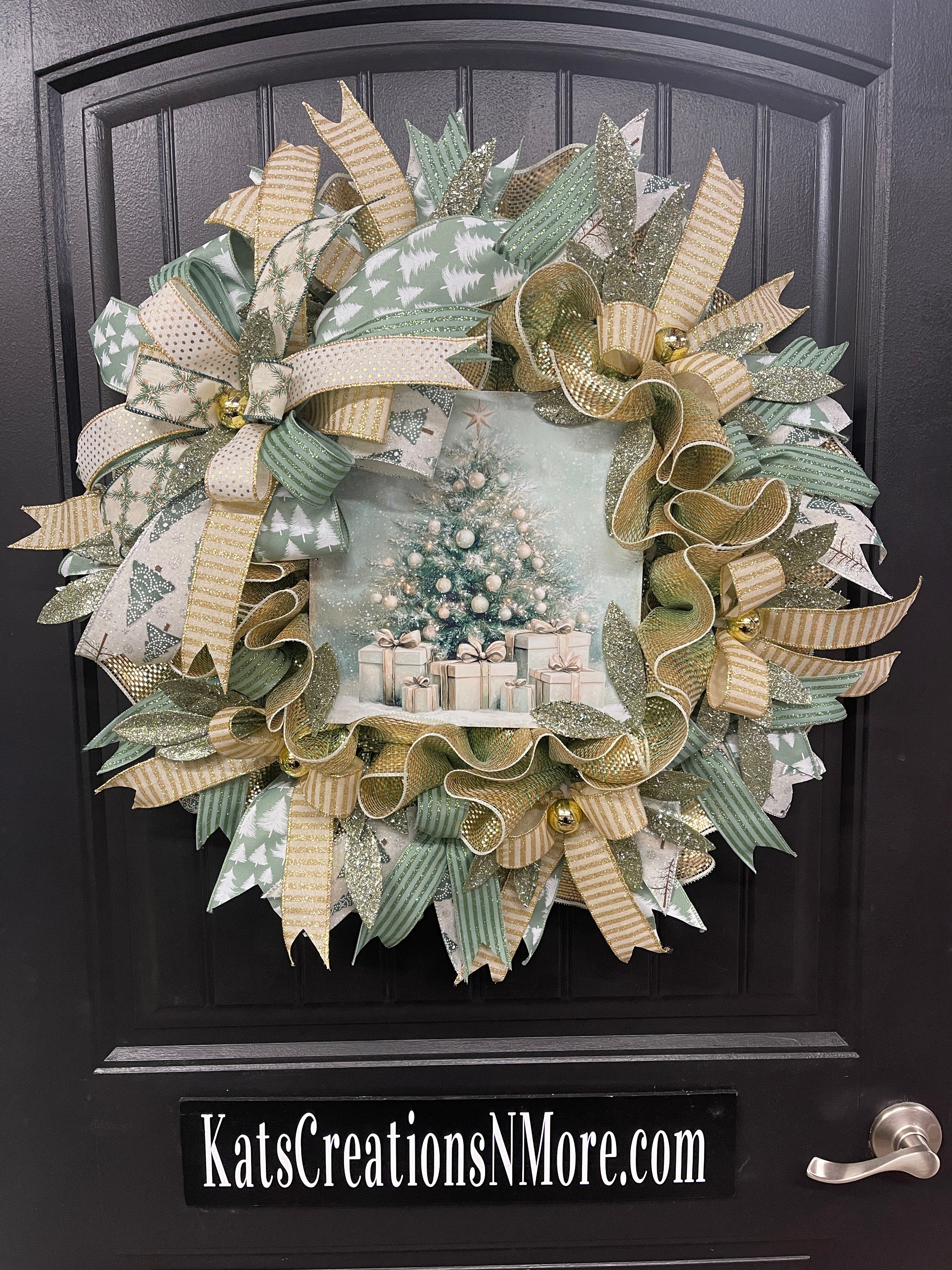 Sage & Champagne Gold Christmas Wreath — Elegant Winter Door Decor, KatsCreationsNMore