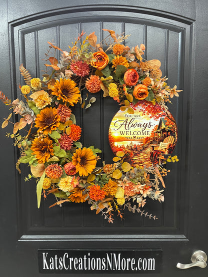 Always Welcome Fall Grapevine Wreath | Handmade Autumn Front Door Decor | KatsCreationsNMore
