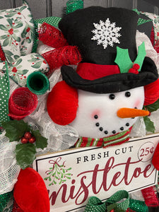 Snowman Mistletoe Christmas Wreath, Winter Seasonal Holiday Front Door Decor, KatsCreationsNMore