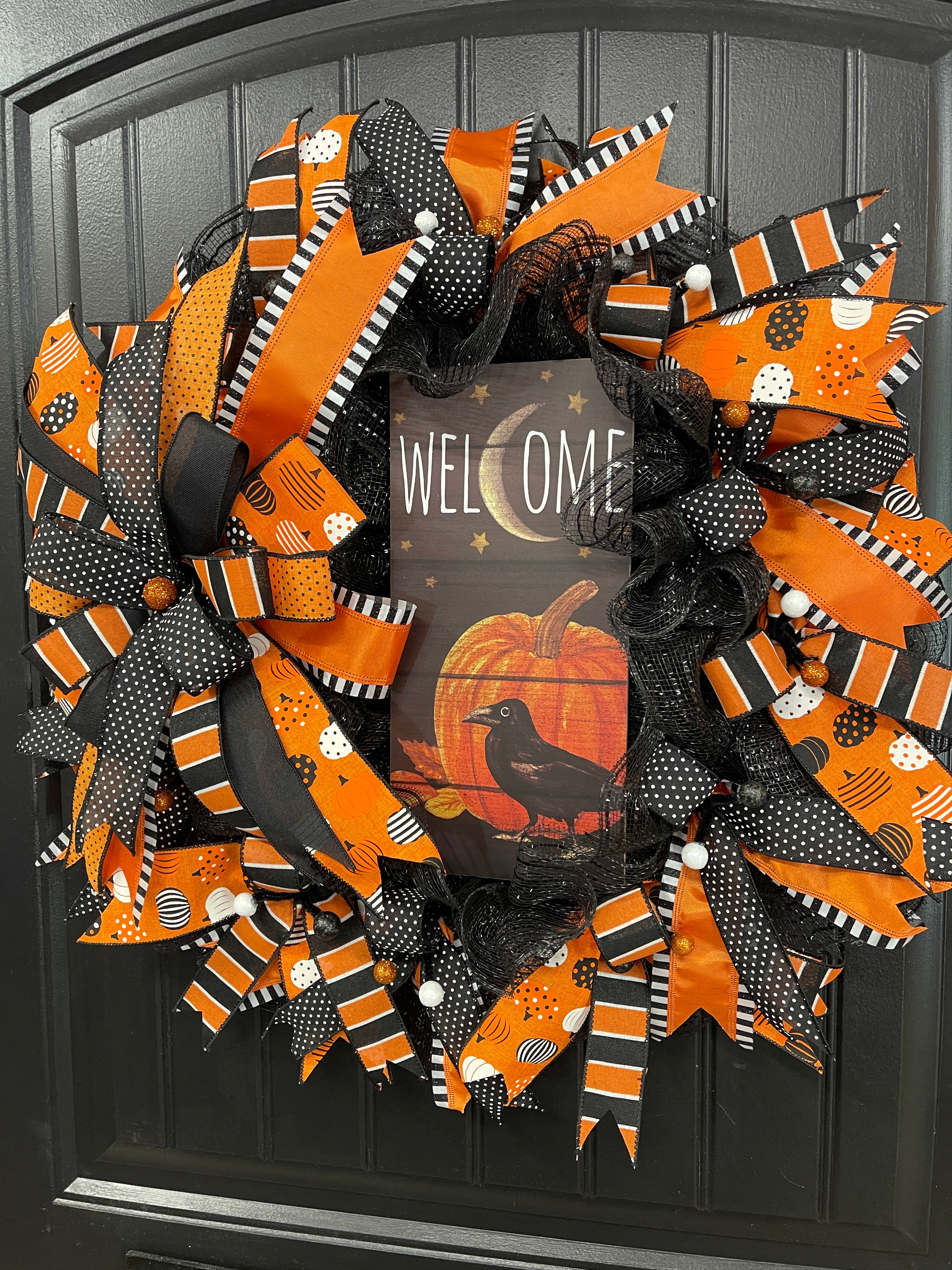 Halloween Welcome Wreath with Pumpkin & Raven Sign | Black & Orange Deco Mesh Front Door Wreath | Spooky Fall Porch Decor Handmade