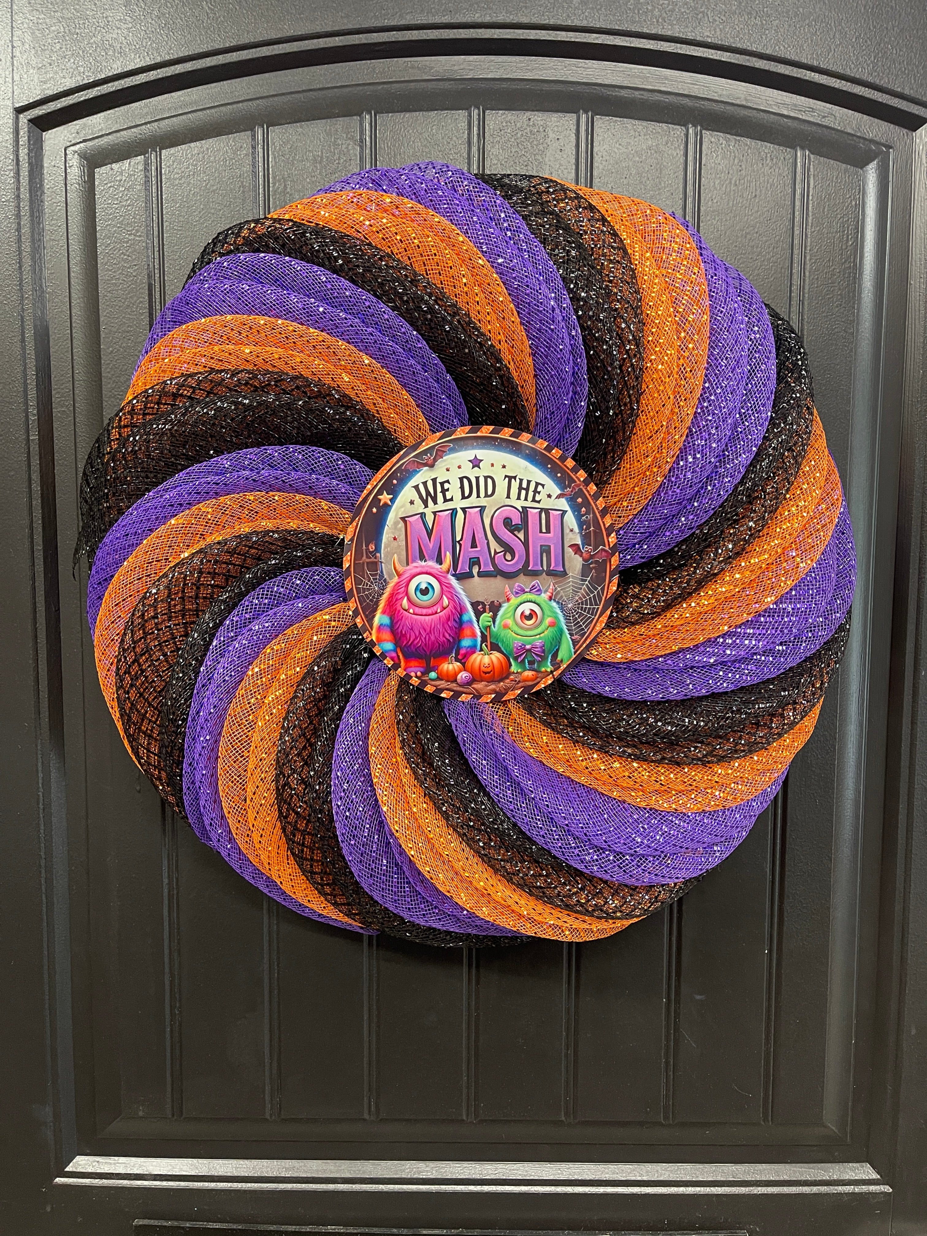 We Did the Mash Halloween Wreath – Monster Mash Spiral Deco Mesh Wreath in Orange, Black & Purple – Spooky Cute Door Decor - KatsCreationsNMore