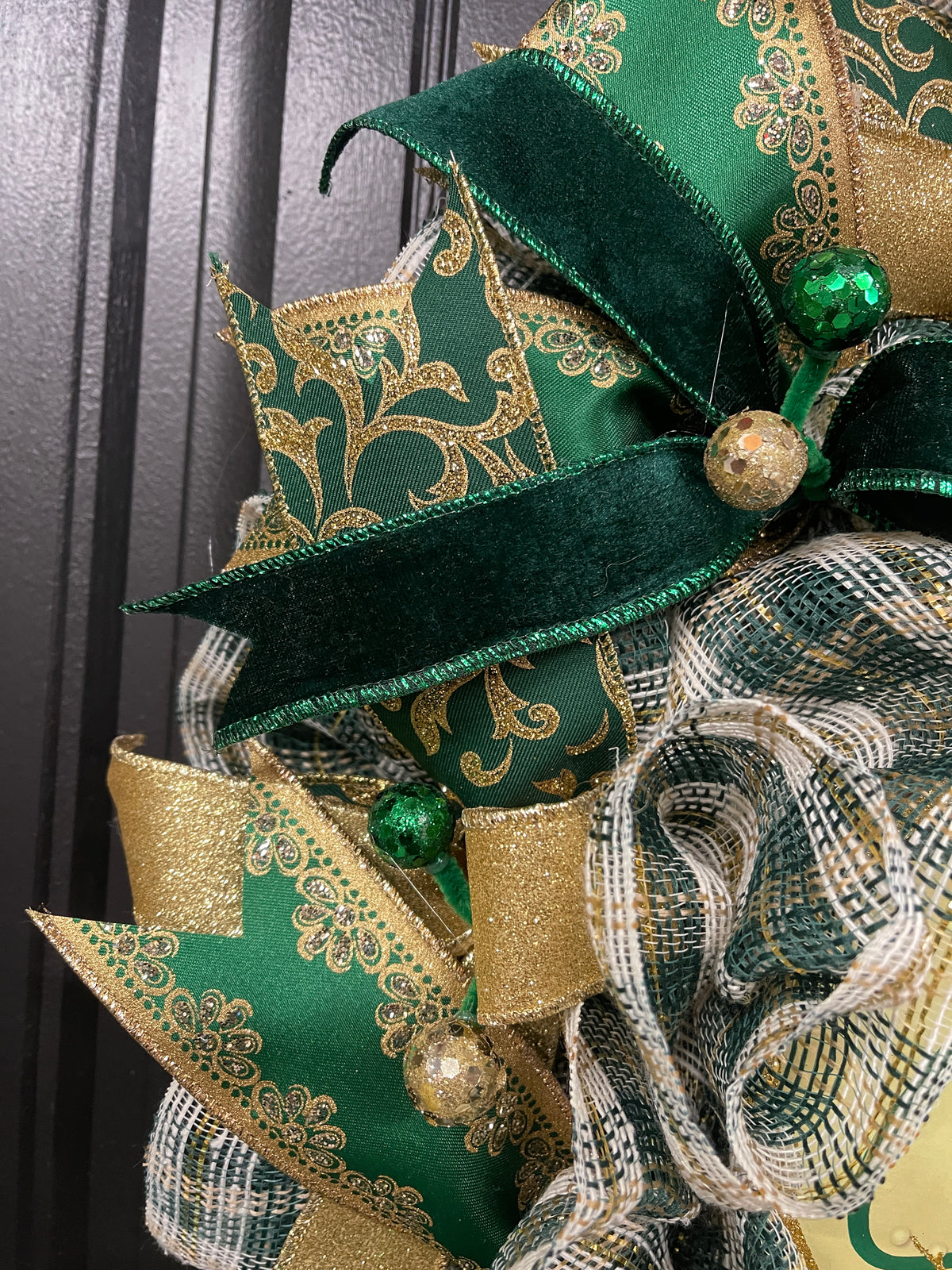 Elegant Victorian Green & Gold Merry Christmas Wreath | Handmade Holiday Door Decor | Velvet Ribbon Christmas Wreath | KatsCreationsNMore
