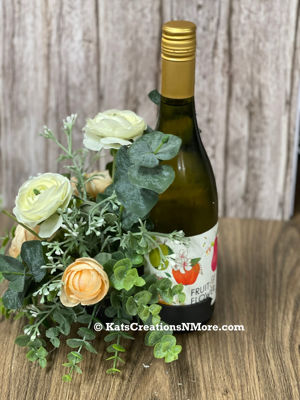 Spring Floral Centerpiece, Mothers Day Gift Bottle Bouquet, Peach and White Ranunculus Candle Holder, KatsCreationsNMore
