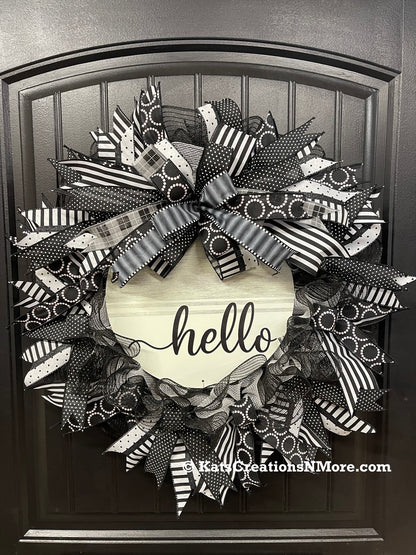 Black & White Hello Classic Everyday Welcome Wreath | Modern Farmhouse Front Door Décor | KatsCreationsNMore