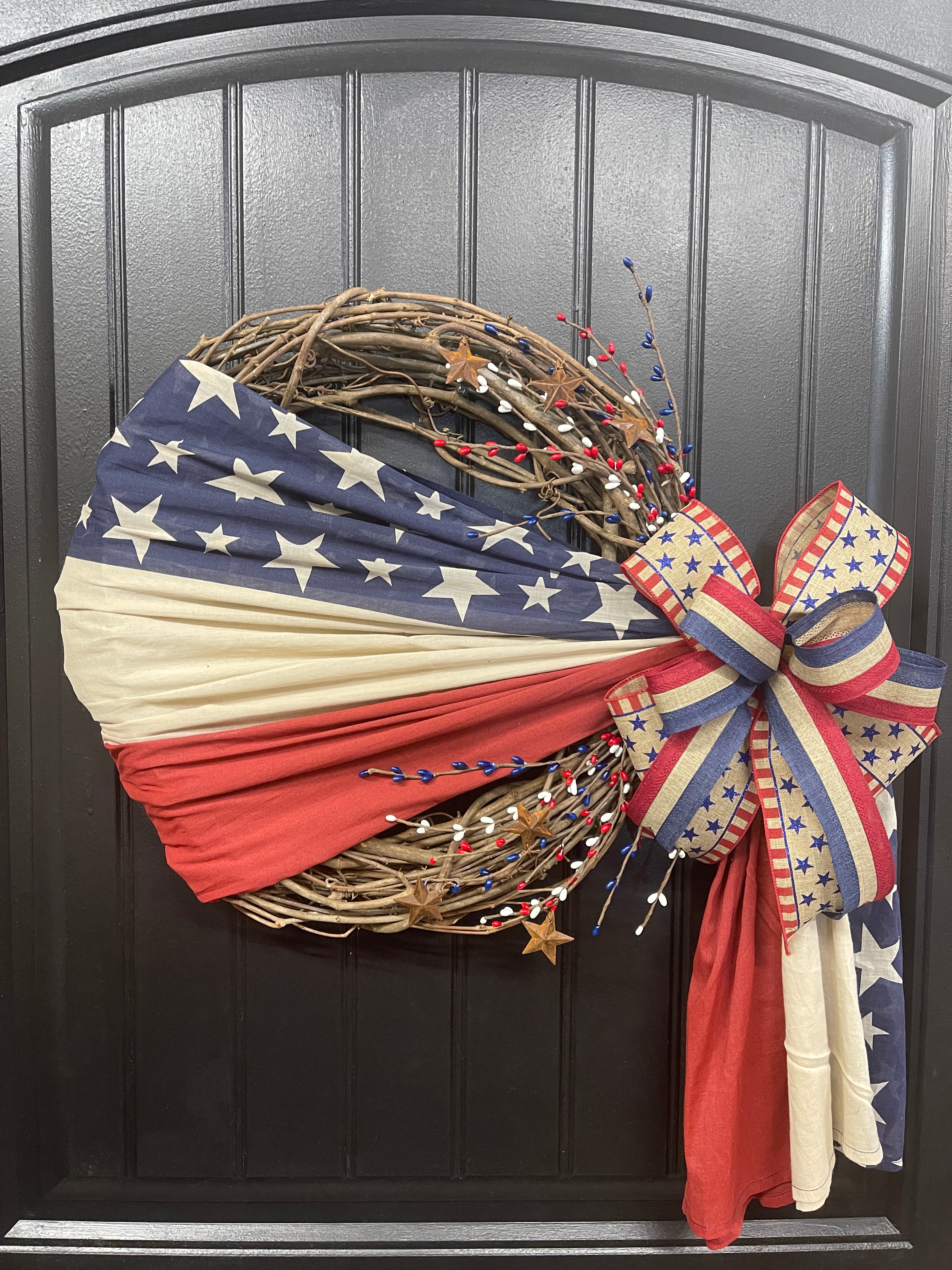 Rustic Americana Flag Grapevine Wreath | Patriotic Front Door Decor | 4th of July Wreath | Veterans Day | Rustic Country Americana Home Accent, KatsCreationsNMore