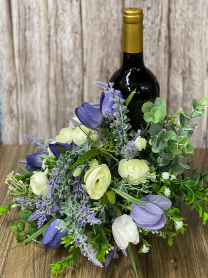 Spring Purple Tulips and Cream Ranunculus Bottle Bouquet, Floral Bridal or Baby Shower Centerpieces, Candle Holders, KatsCreationsNMore