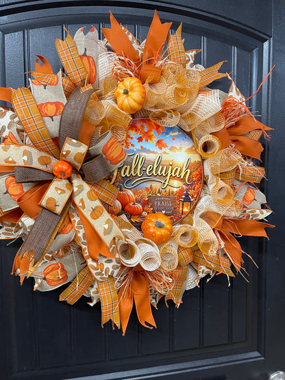 Pumpkin Fallelujah Wreath with Cinnamon Sticks – Cozy Farmhouse Autumn Door Décor, KatsCreationsNMore