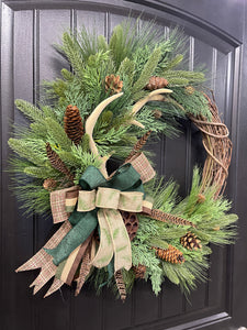 Deer Antler Pheasant Feather Pine Grapevine Wreath, Hunting Front Door Decor, KatsCreationsNMore