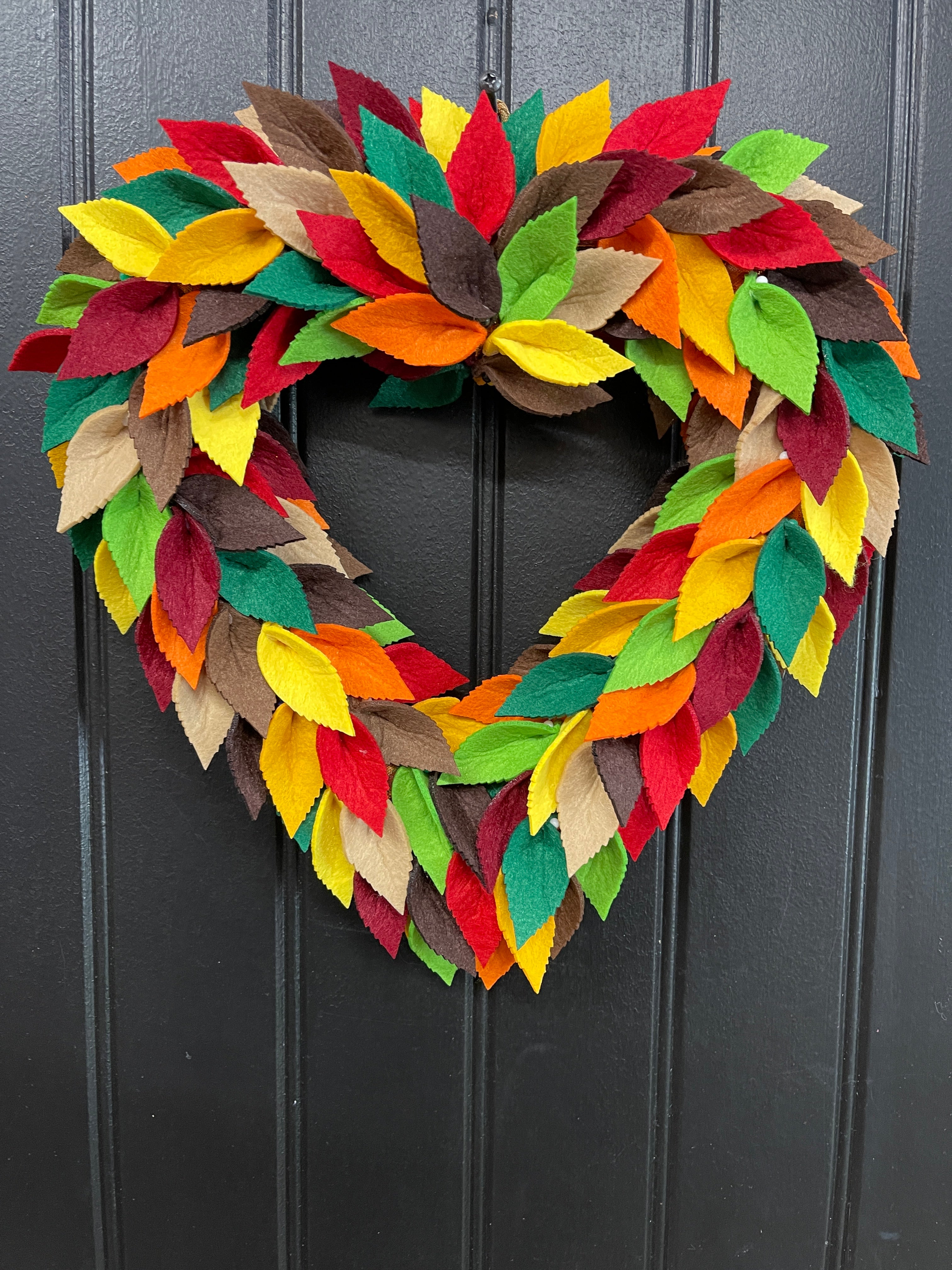 Colorful Felt Leaf Heart Wreath – 14” Fall Storm Door Wreath – Autumn Decor – Handmade Heart-Shaped Wreath – Cozy Seasonal Home Accent, KatsCreationsNMore