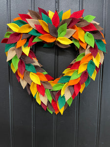 Colorful Felt Leaf Heart Wreath – 14” Fall Storm Door Wreath – Autumn Decor – Handmade Heart-Shaped Wreath – Cozy Seasonal Home Accent, KatsCreationsNMore