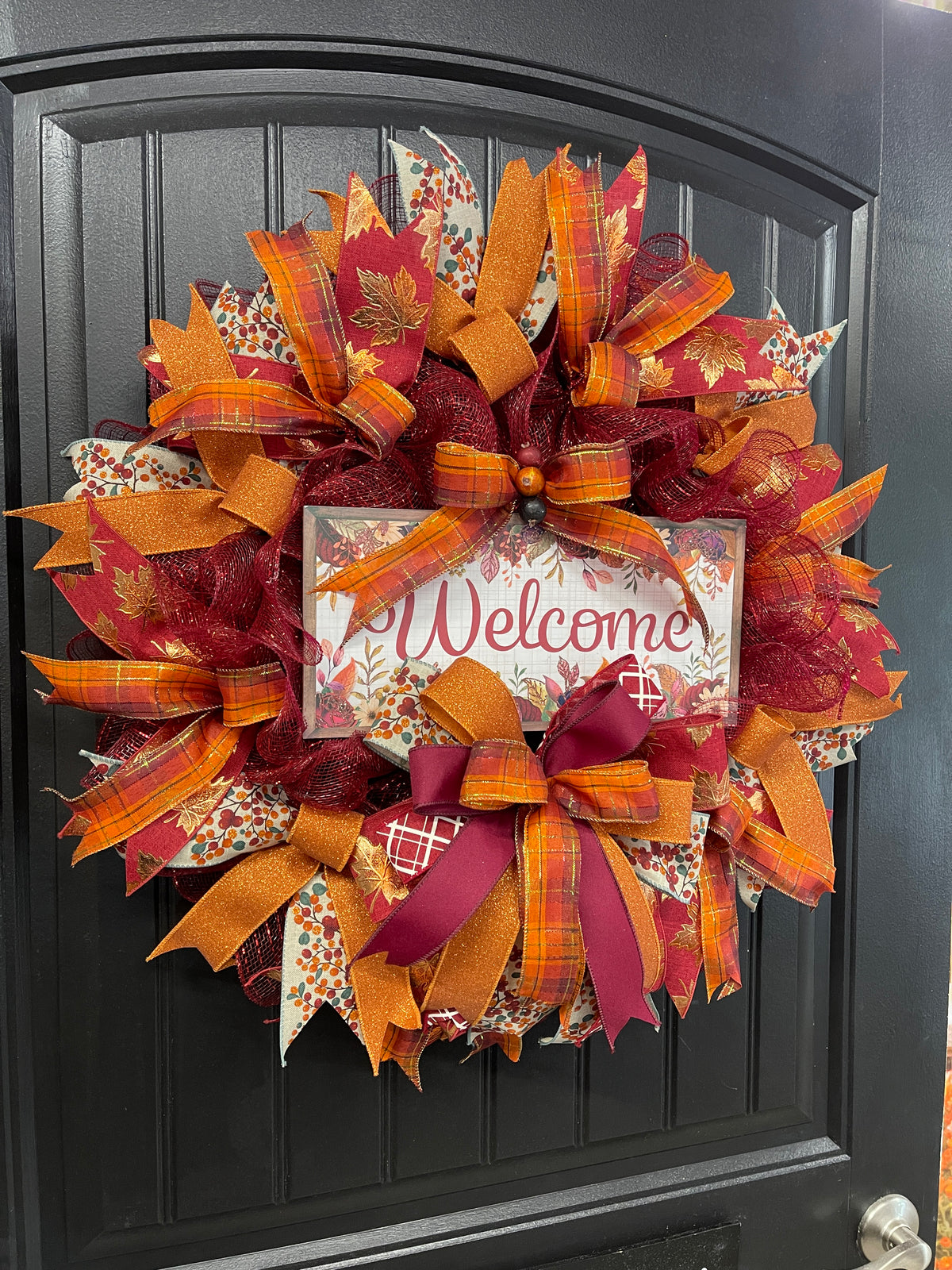 Autumn Welcome Wreath – Fall Front Door Decor with Burgundy, Orange, and Plaid Ribbons – Thanksgiving or Harvest Home Accent, KatsCreationsNMore