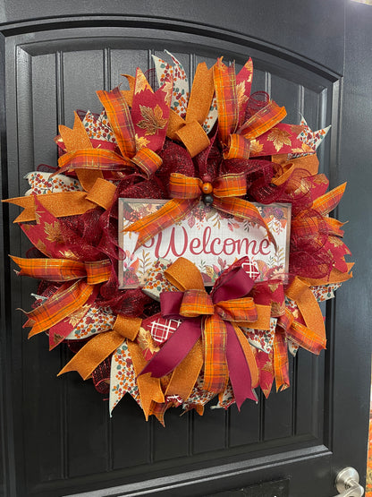 Autumn Welcome Wreath – Fall Front Door Decor with Burgundy, Orange, and Plaid Ribbons – Thanksgiving or Harvest Home Accent, KatsCreationsNMore