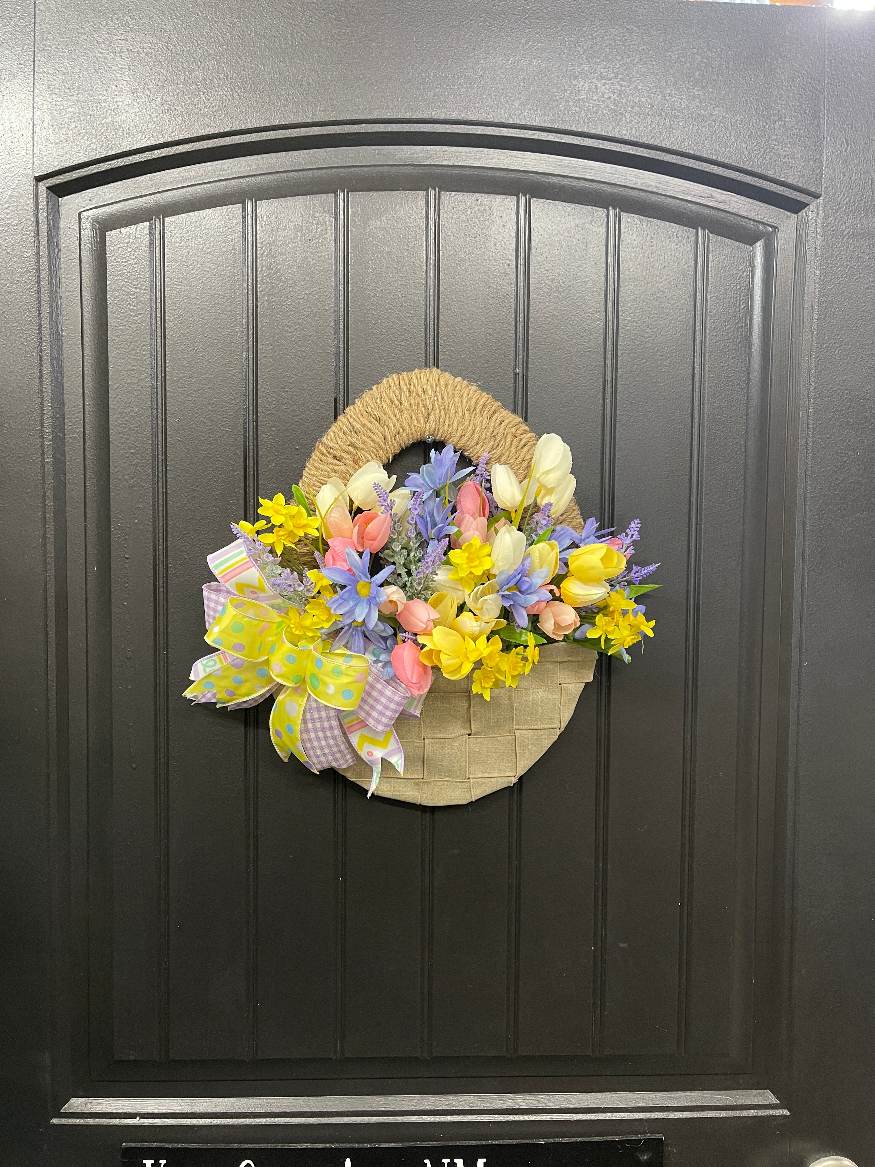 Spring Floral Basket Wreath, Easter Flowers Front Door Decor, Gift for Mother’s Day, KatsCreationsNMore