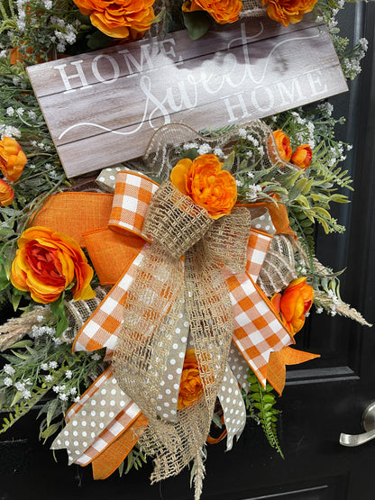 Home Sweet Home Vertical Swag with Orange Ranunculus and Rustic Gingham Bow – Farmhouse Door Hanger, KatsCreationsNMore