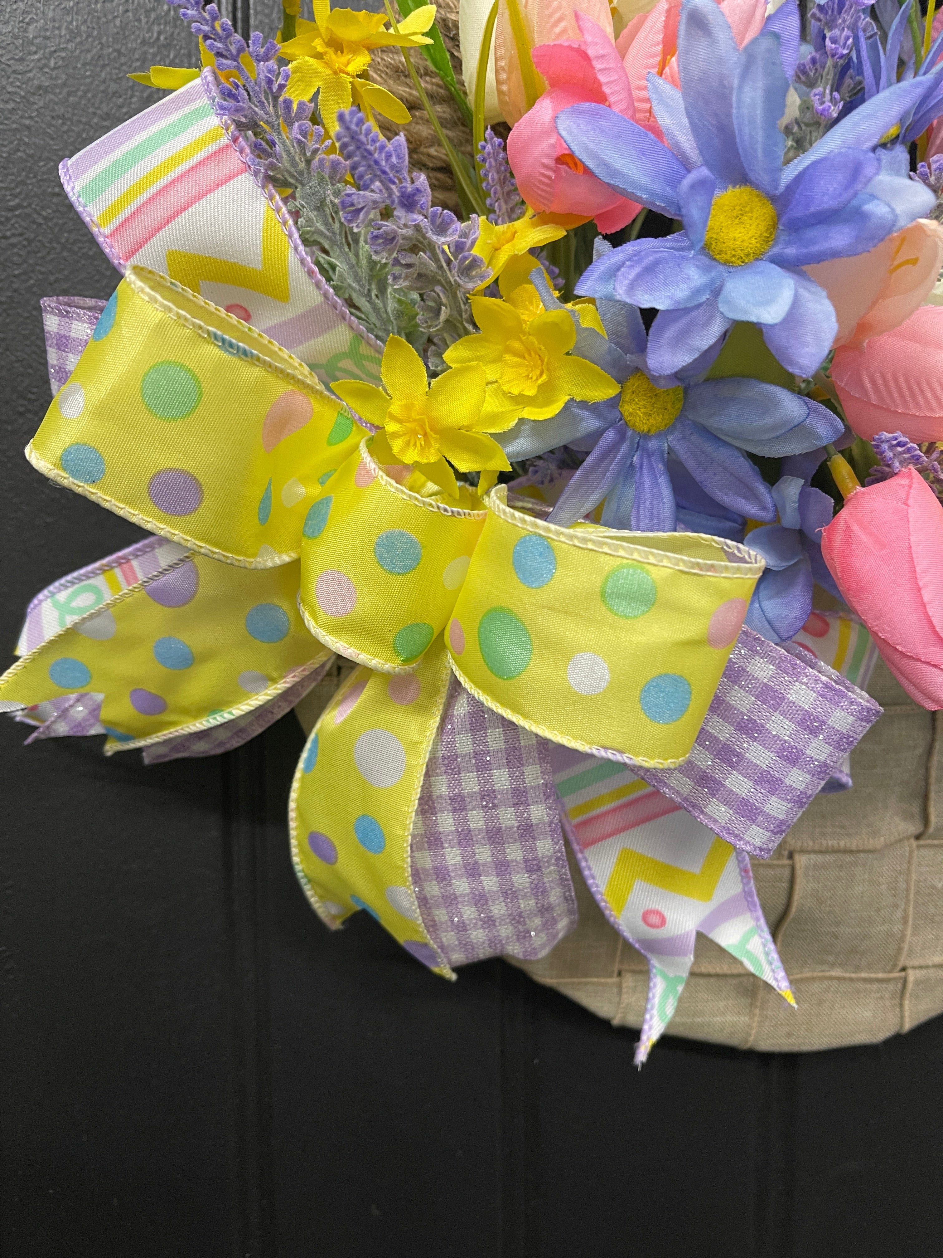 Spring Floral Basket Wreath, Easter Flowers Front Door Decor, Gift for Mother’s Day, KatsCreationsNMore
