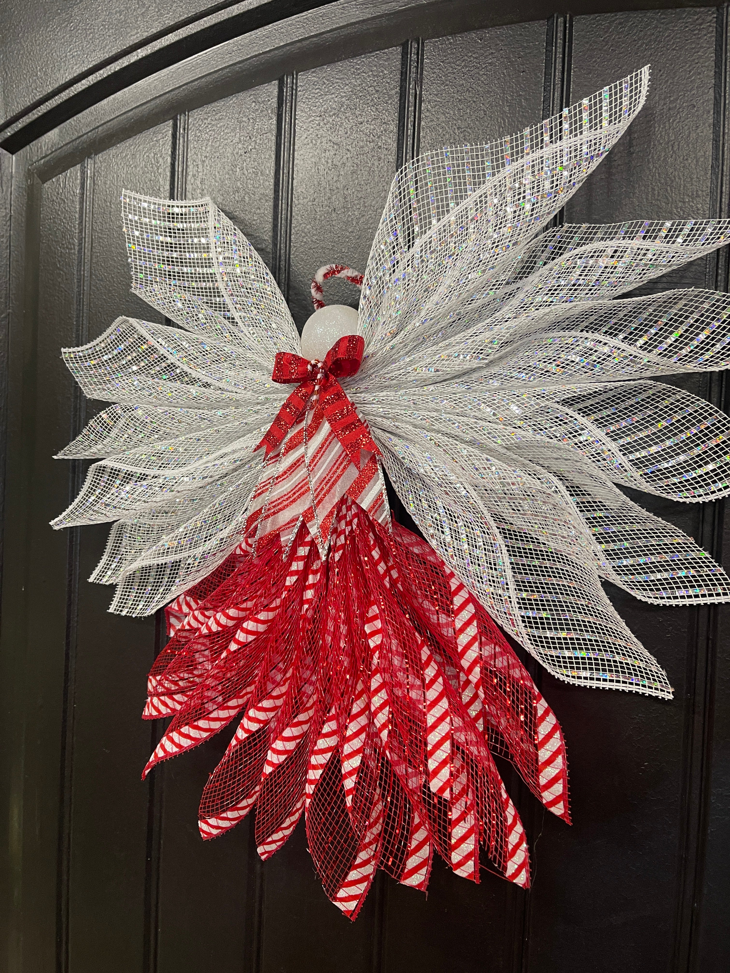 Candy Cane Christmas Angel Tree Topper, Holiday Guardian Angel Wreath, Graveside Memorial, KatsCreationsNMore