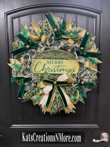 Elegant Green & Gold Merry Christmas Wreath | Handmade Holiday Door Décor | Velvet Ribbon Christmas Wreat